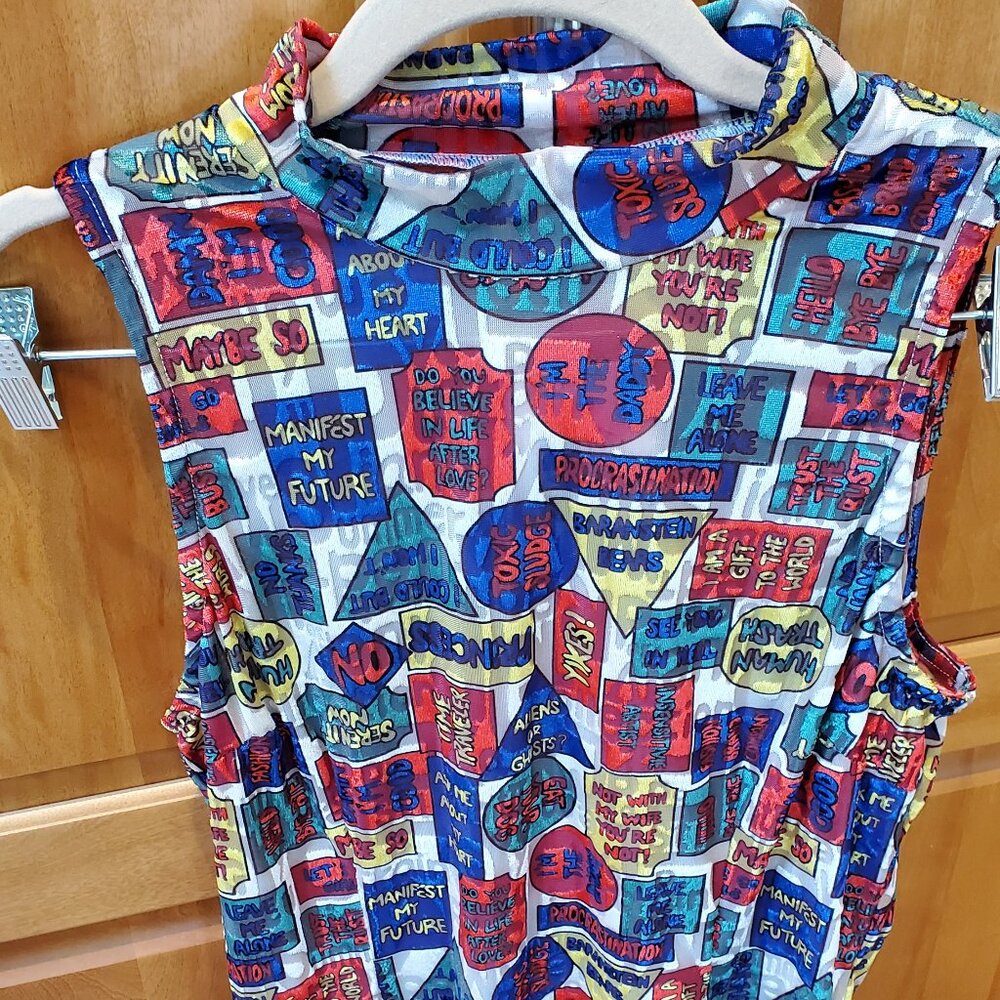 Rare Vintage-inspired stretch mock turtleneck sleeveless top L Pop-Art